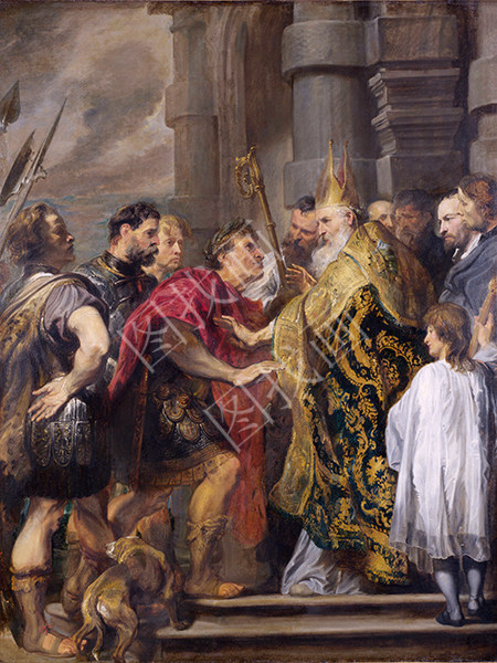 The Emperor Theodosius is forbidden by Saint Ambrose to enter Milan Cathedral